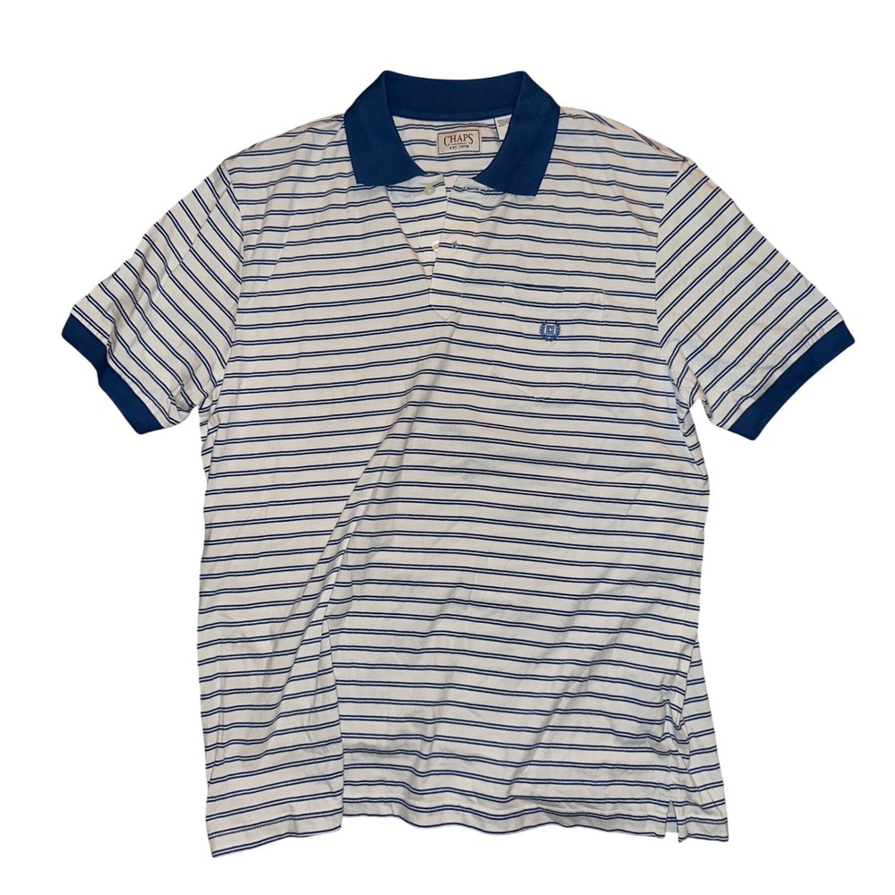 Chaps Mens Striped Polo Shirt Short Sleeve Blue White Cotton Pocket Size M NWT